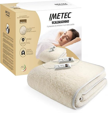 Imetec Scaldasonno doble 150 x 160 cm, 50 % lana merina, 2 temperaturas, dispositivo de seguridad Electro Block, fabricado en Italia